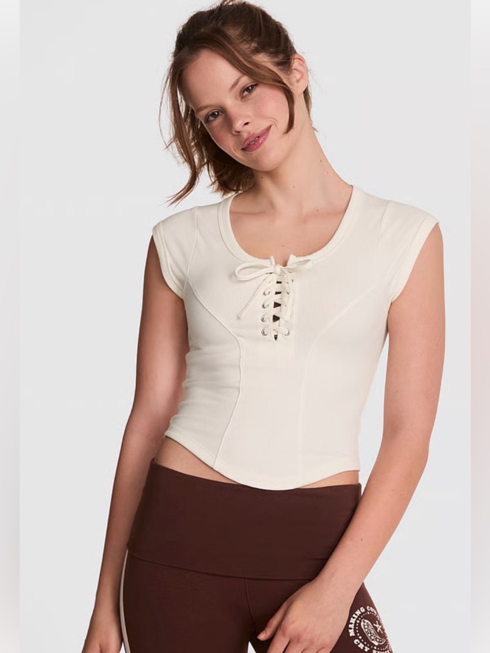 PINK Victoria's Secret Ribbed Scoop Crop Top in Cream